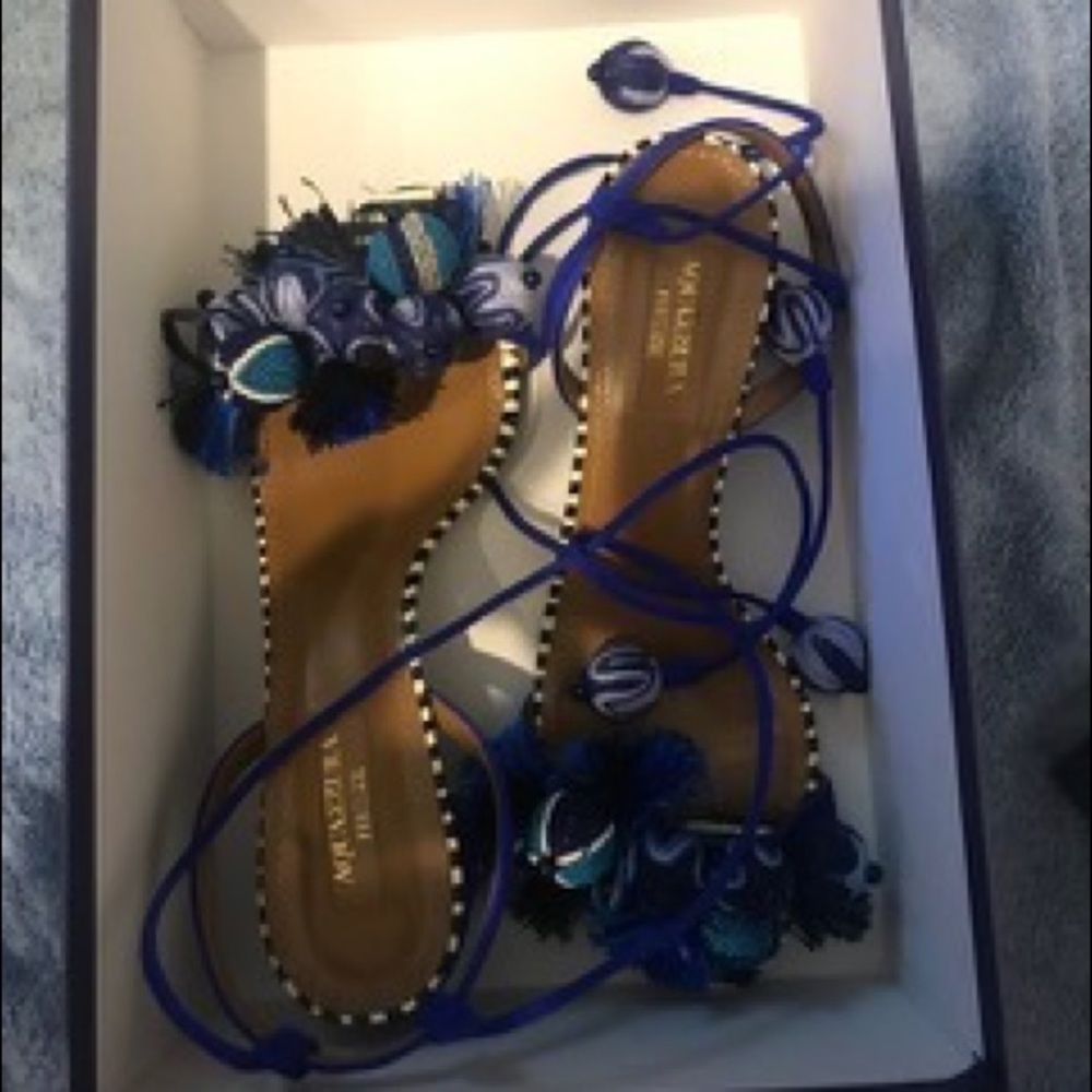 Blue suede tassel Tropicana heels